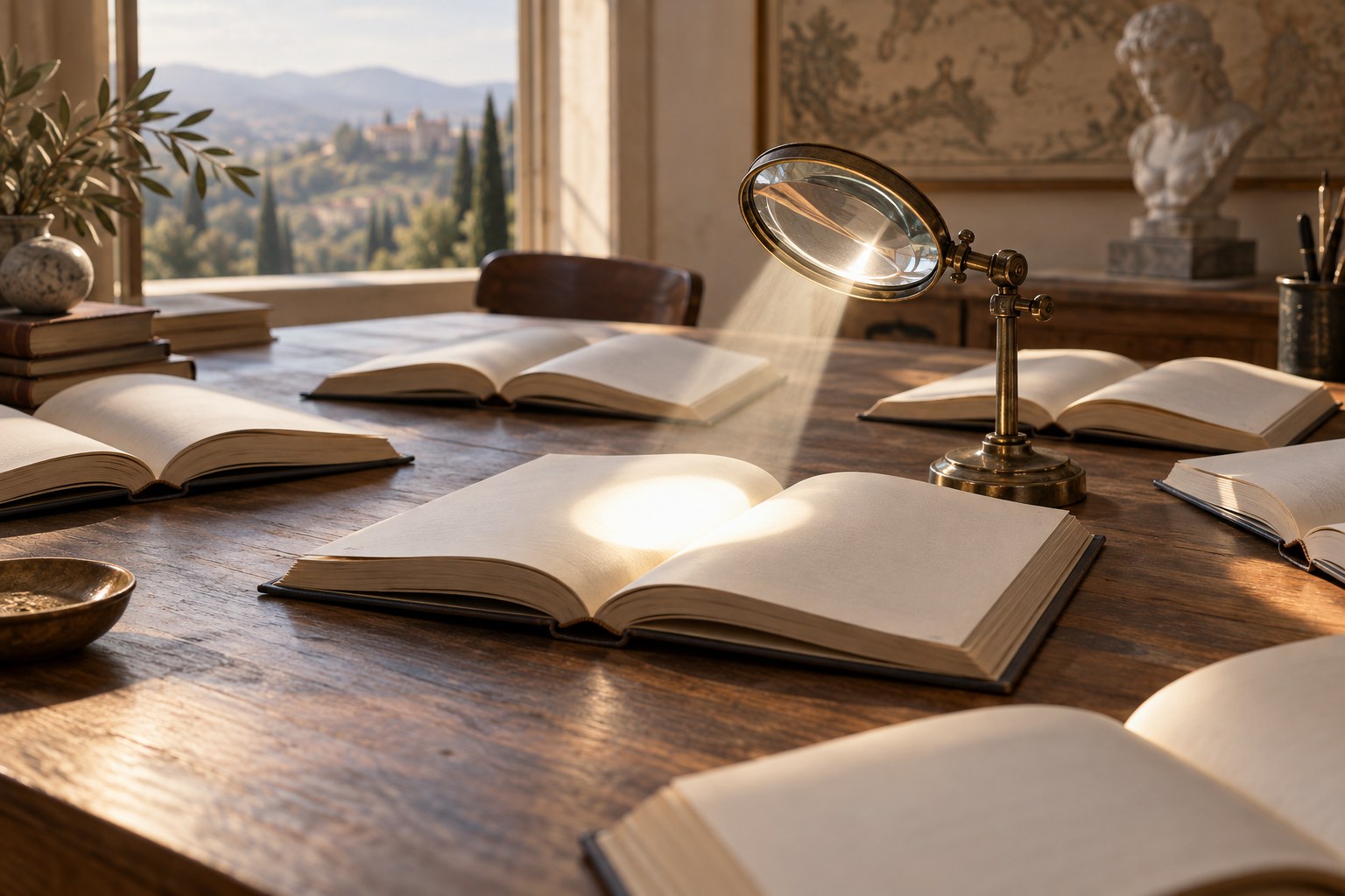 Livros abertos sobre uma mesa, com uma lente concentrando luz em uma página.