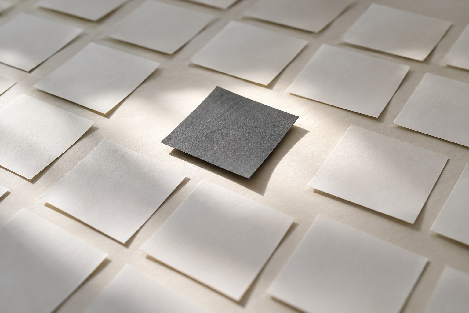 Entre vários quadrados de papel claro, um quadrado escuro recebe destaque pela luz.